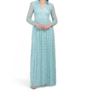 MIKAEL AGHAL Blue Long Sleeve Collared Dress Size‎ 6 Lace Sequin NWT - See Desc
